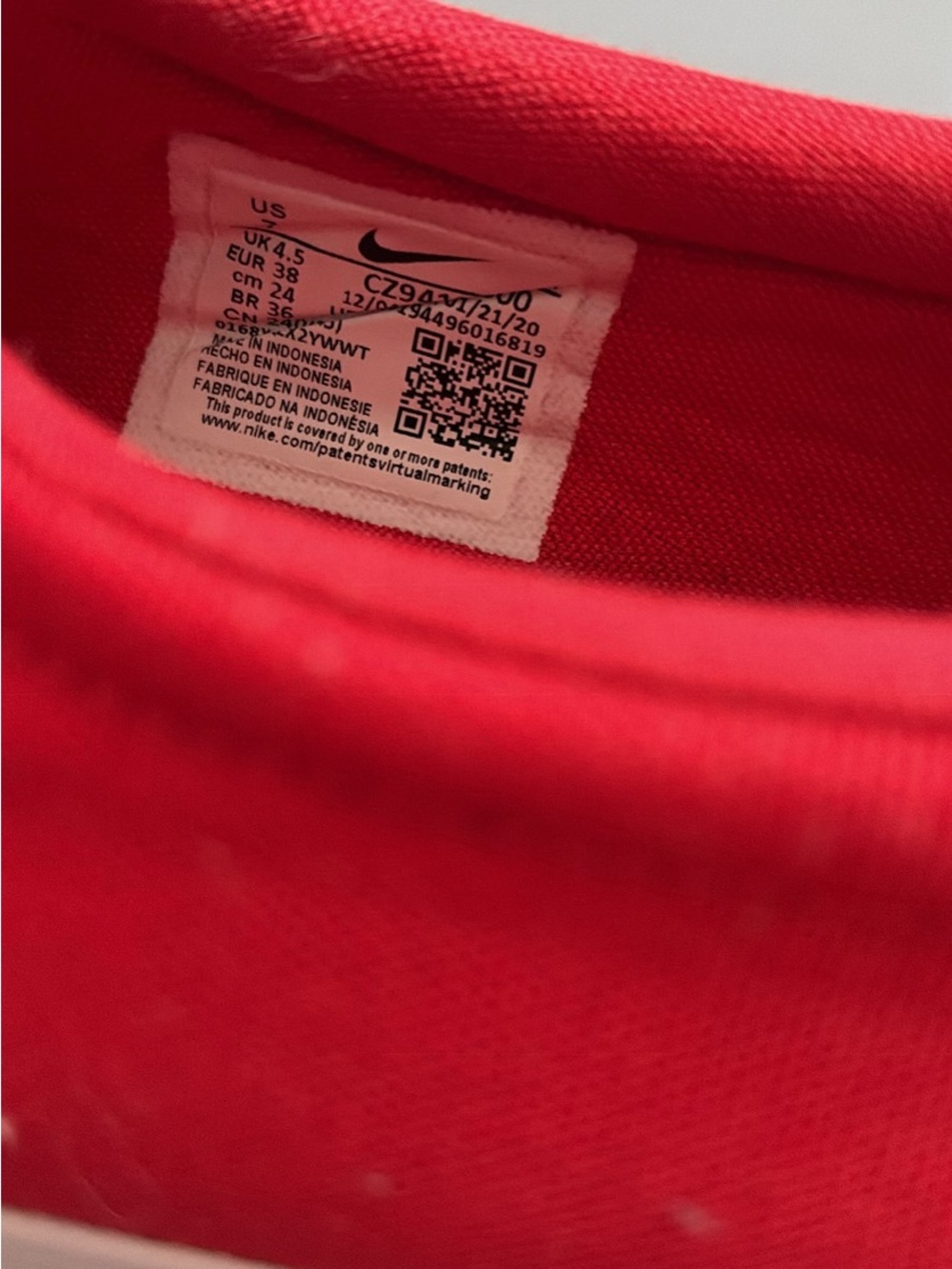 Nike Red Shoe Inner Collar with Size Label